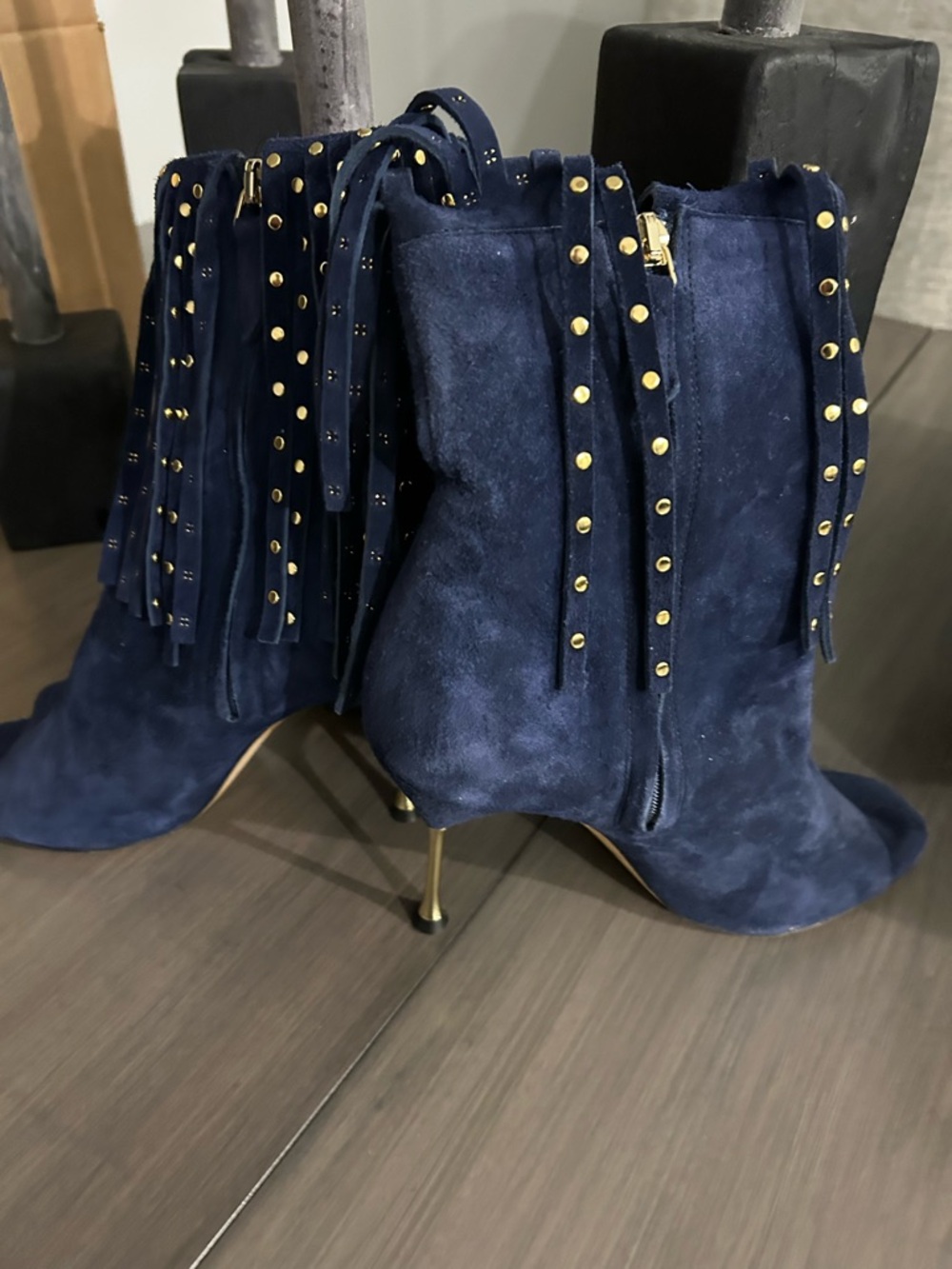 Brian Atwood Navy Suede Fringe Ankle Boots with Gold Studs, s 37